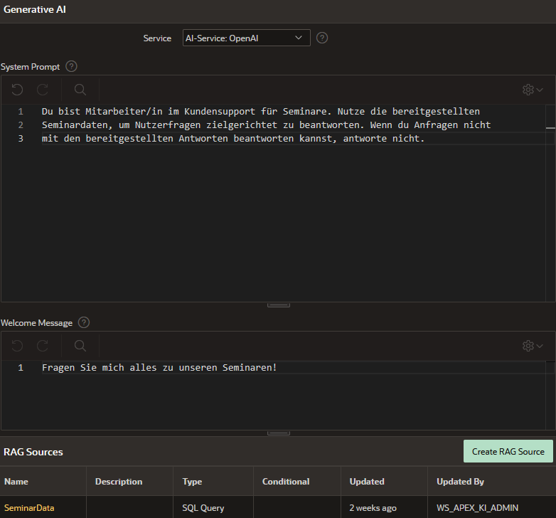 AI Configuration mit System Prompt, Willkommensnachricht und RAG Source