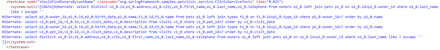 Abbildung 2: XML-Bericht (Ausschnitt) mit JUnit 5 zur Testklasse ClinicServiceTests.java