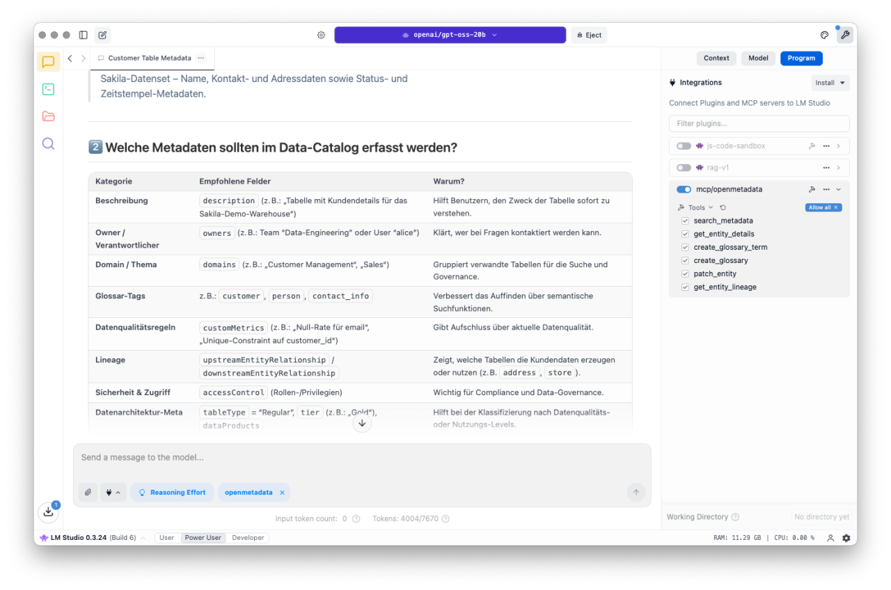 Abbildung 2: Screenshot: Am rechten Rand kann man die MCP-Integration in LM-Studio sehen. Oben ist das installierte LLM zu erkennen.