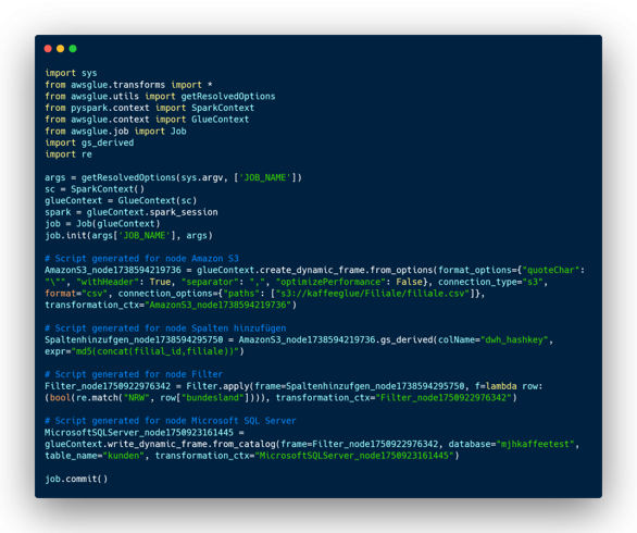 Skript zum oben gezeigten AWS Glue-Flow