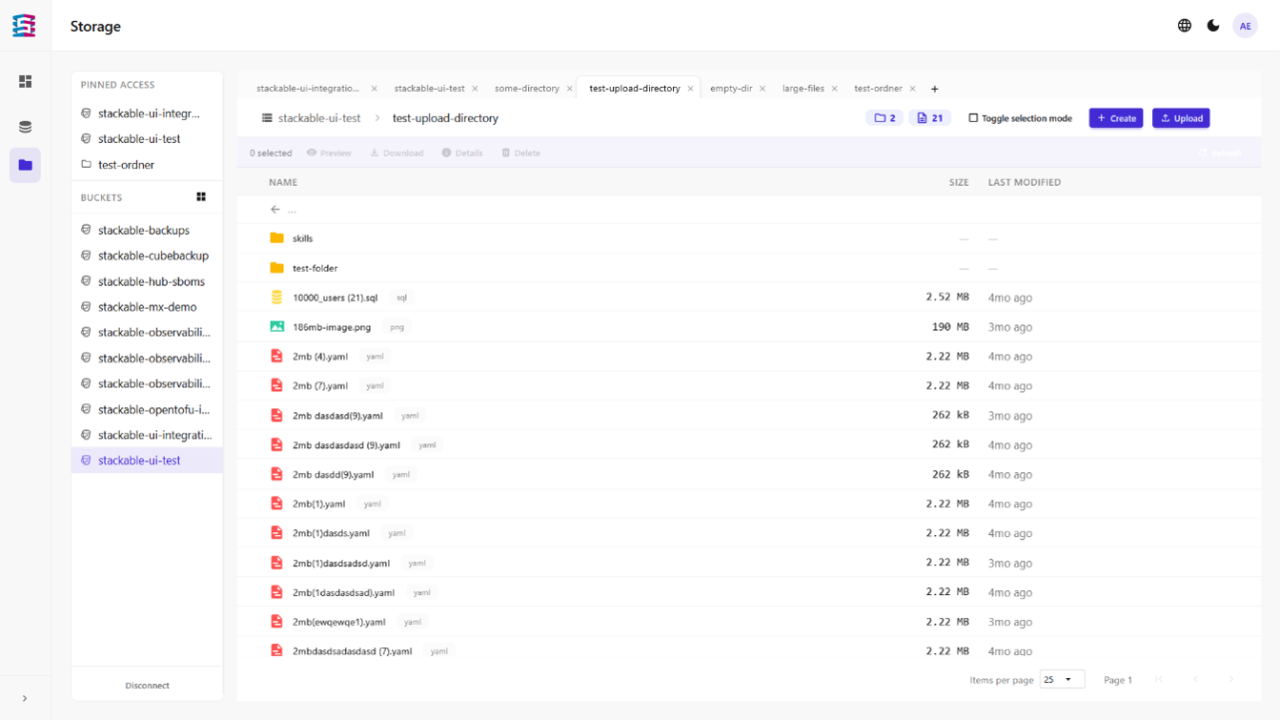 Screenshot, der den S3-Filebrowser zeigt