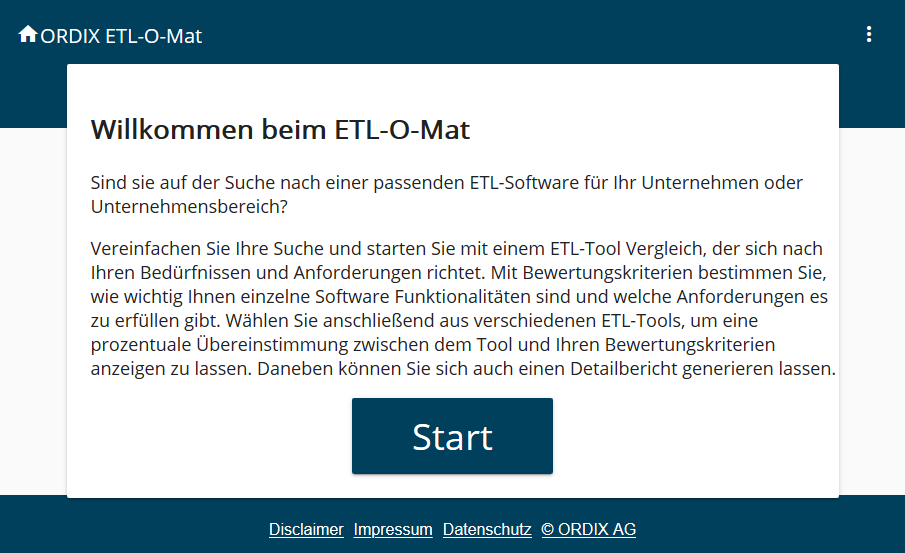 Startseite vom ETL-O-Mat, starten Sie mit einem ETL-Tool Vergleich